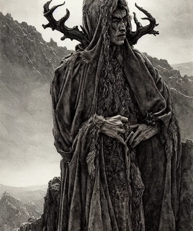 Image similar to A detailed horned crocodileman stands among the hills. Wearing a ripped mantle, robe. Perfect faces, extremely high details, realistic, fantasy art, solo, masterpiece, art by Zdzisław Beksiński, Arthur Rackham, Dariusz Zawadzki