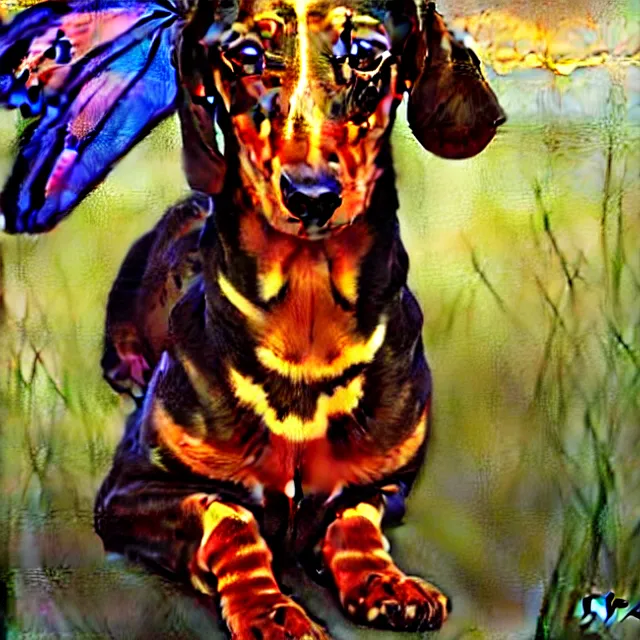 Prompt: portrait of a translucent dachshund with butterfly wings, high contrast dappled lighting, refracted sunset, highly detailed, concept art, art by collier, albert aublet, krenz cushart, artem demura, alphonse mucha