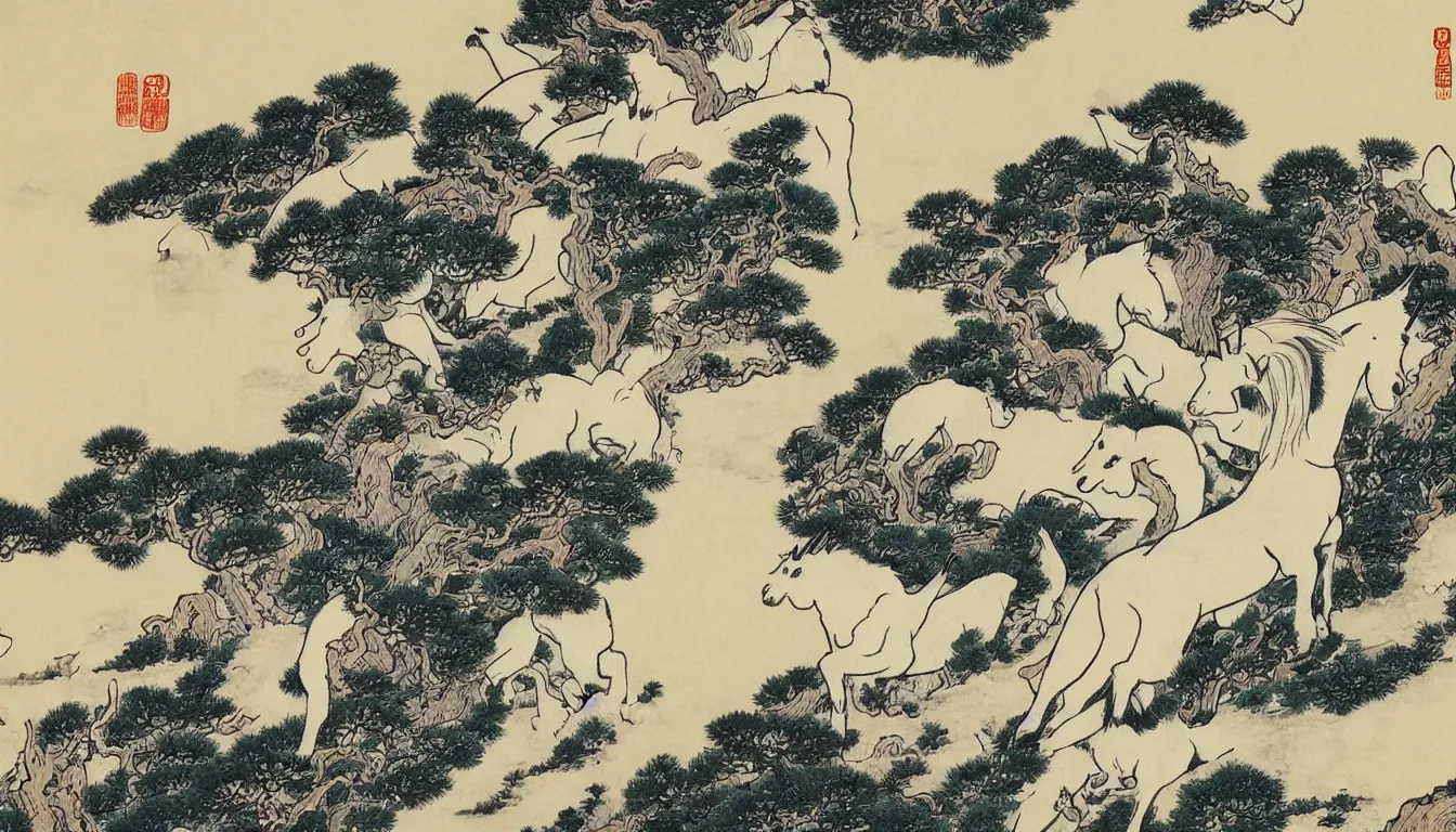 Image similar to traditional chinese ink drawing of a unicorn in a meadow, by hokusai, ultra detailed