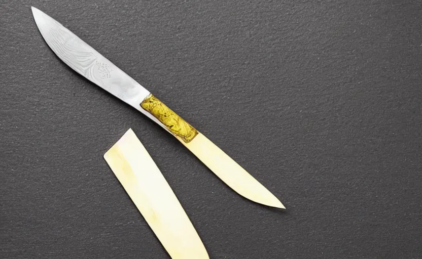 Image similar to shiny golden knife laying on a wooden table, complex, high detail