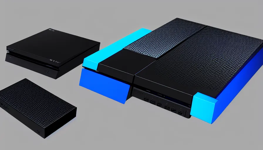 Prompt: playstation 6, black and blue game console, square, hyperdetailed, artstation, cgsociety, 8 k