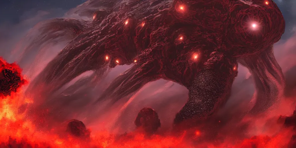 Image similar to giant <Cthulhu> silhouetted lunar surface crushing attacking red spaceship fighter with explosion, photorealistic, wide-angle, long shot, epic, space, lunar backdrop