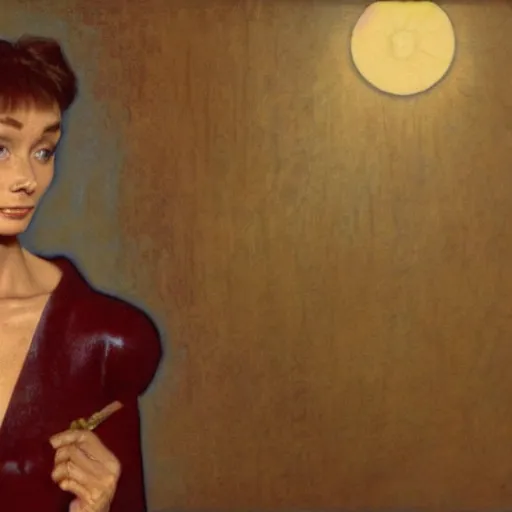 Image similar to audrey hepburn bathed in blue light and standing in a burgundy room looking vacant by arcimboldo, david lynch, greg rutkowski, mucha, dali, francis bacon, screenshot by jodorowsky, trending on artstation