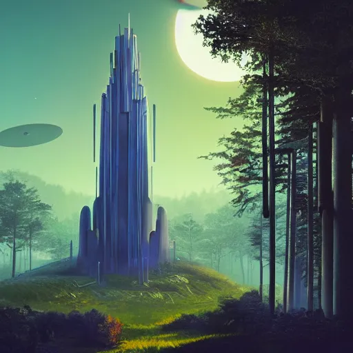 Prompt: futuristic tower temple between big green trees, planets in the sky, dramatic lighting, artstation, matte painting, raphael lacoste, simon stalenhag, frank lloyd wright