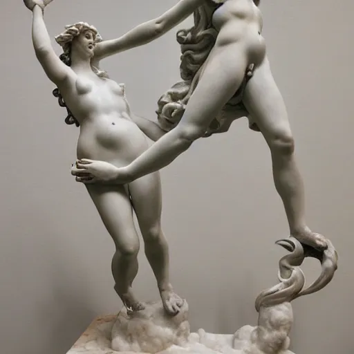 Prompt: sculpture of venus chasing persephone made by michelangelo, carrara marble, gray background