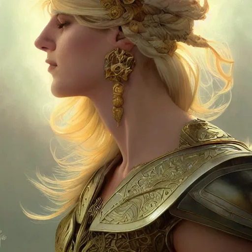 Prompt: A beautiful digital painting of a strong woman with blond haire, in a regal armor, princess, barbarian, D&D, fantasy, intricate, cinematic lighting, highly detailed, digital painting, Artstation, concept art, smooth, sharp focus, illustration, art by Artgerm and Greg Rutkowski, Alphonse Mucha and charlie bowater