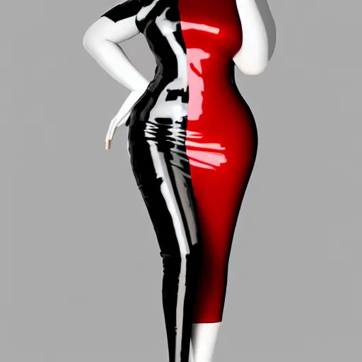 Image similar to an elegant curvy feminine pale goth cutie wearing an elaborate latex-nylon-leather striped red-black-silver-gold neck-high dress, thin waist, cgsociety, photorealistic, 16k, smooth, sharp focus, trending on ArtStation, volumetric lighting, worksafe, sublime-comforting-intriuging ambience