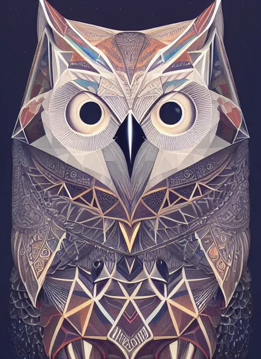 Image similar to portrait of a geometric owl, identical eyes, medium shot, illustration, full body made of white feathers, symmetrical, art stand, super detailed, cinematic lighting, and its detailed and intricate, gorgeous, by peter mohrbacher