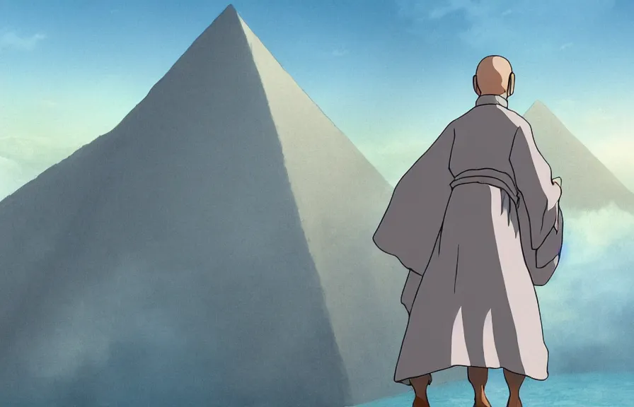 Image similar to a realistic cell - shaded cartoon of a monk in a grey robe from howl's moving castle ( 2 0 0 4 ). in the background is a white pristine pyramid in the ocean. shafts of sunlight come from above. wide shot, very dull muted colors, hd, 4 k, hq