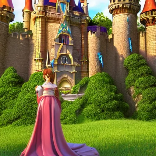 Image similar to a pleasant, beautiful, funny, smooth 3D CG render, semirealistic anime style, a noble priestess magician princess girl wearing dress and jewelry, in a glorious magic kingdom with castle and walls, relaxing calm vibes, fairytale, octane render