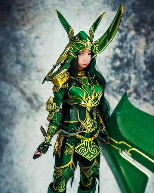 Image similar to a beautiful Asian elf ranger with long hair and green eyes, no helmet, wearing green and gold futuristic mecha armor, with ornate rune carvings and glowing lining and weapons , very detailed, shot in canon 50mm f/1.2