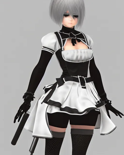 Image similar to 2B from NieR: Automata wearing a maid outfit, mechanical detail, cad, solidworks render