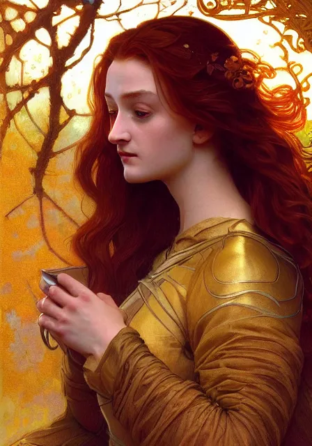 Prompt: sansa stark gold lights sunny autumn, intricate, elegant, highly detailed, digital painting, artstation, concept art, smooth, sharp focus, illustration, art by artgerm and greg rutkowski and alphonse mucha and william - adolphe bouguereau