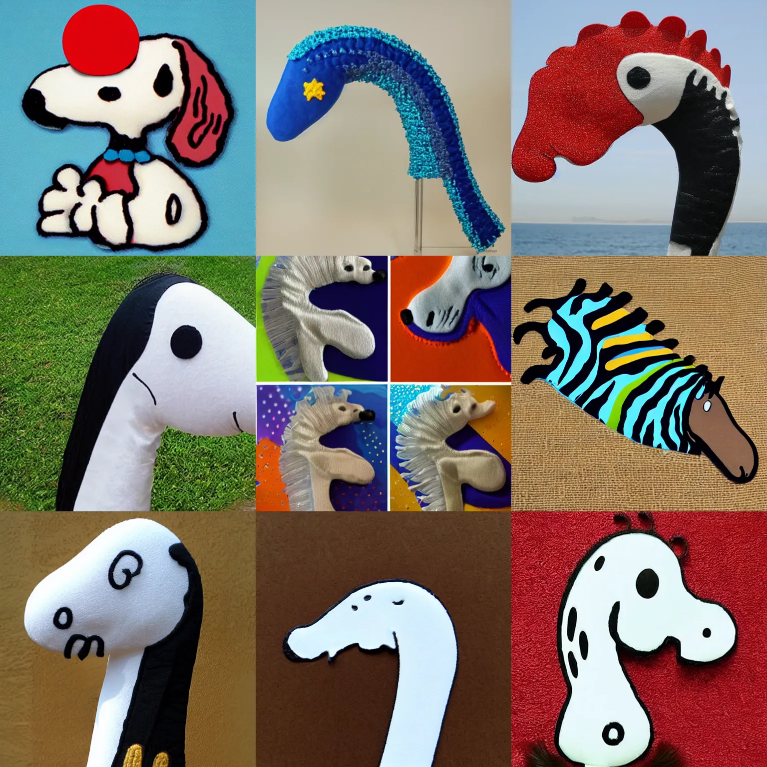 Prompt: top part snoopy head mix down part sea horse curved tail, realistic