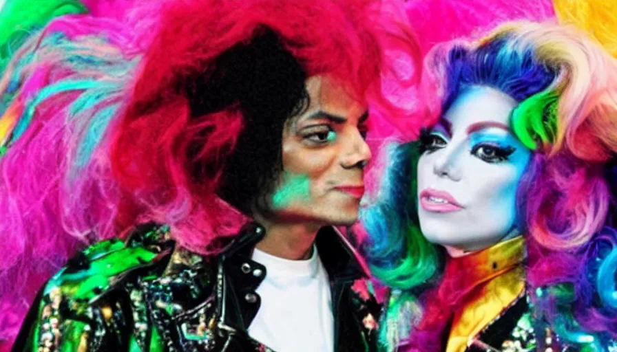 Prompt: michael jackson and lady gaga in a colorful music video from 2 0 1 3