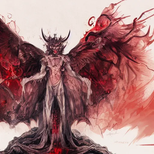 Image similar to the fall of super mad and with extrem anger lucifer in hell, oppressive and dark amotsphere with many shadows and dark red highlights, concept art by aleksandra waliszewska