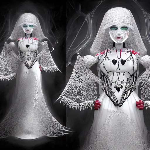 Image similar to female gothic robots with heart human organ, dressed in white intricate lace, veils and jewels, epic environment, matte painting, diffused lighting, highly detailed, cinematic, epic atmosphere, digital art, trending on artstation, wide angle