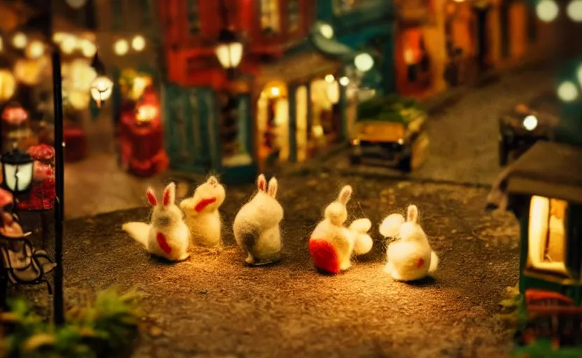 Image similar to miniature cafe diorama macro photography, cafe with felted bunnies, alleyway, ambient, atmospheric, british, cozy, bokeh, romantic, colorful lanterns