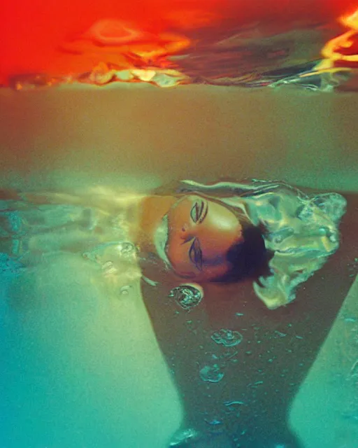 Image similar to oversaturated, burned, light leak, expired film, photo of a woman's resting face submerged in a bubbly opaque liquid
