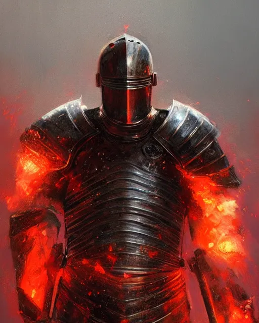 Image similar to Hyper realistic painting of a knight with armor made out of flaming embers, cracks in the armor, reflected light, red lighting, dark fantasy, fog, by greg rutkowski, trending on artstation