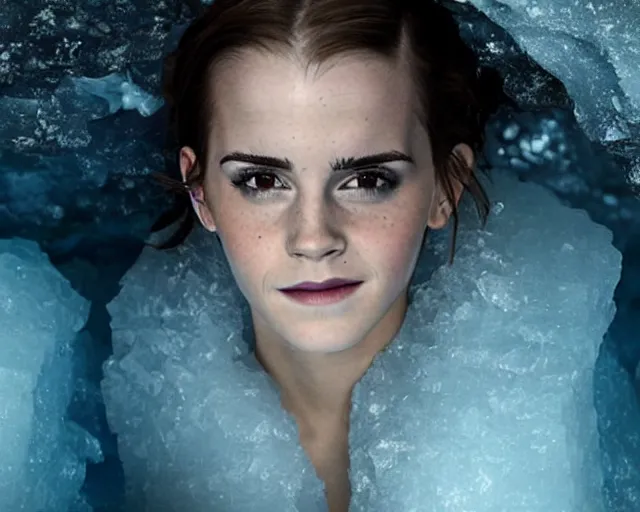 Prompt: color still photo of emma watson in an ice cave, detailed, heavy makeup on face, grinning