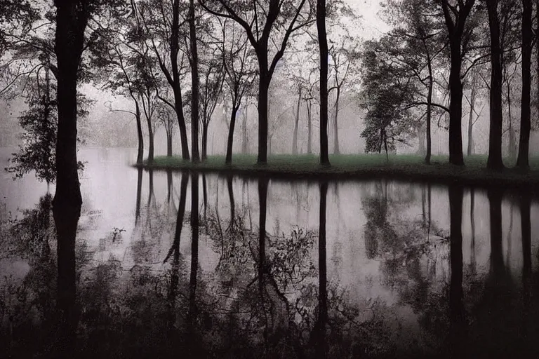 Image similar to a beautiful serene landscape filled with rivers and trees, rainy day, beautiful lighting, high depth, ultra realistic, artistic, by annie leibovitz