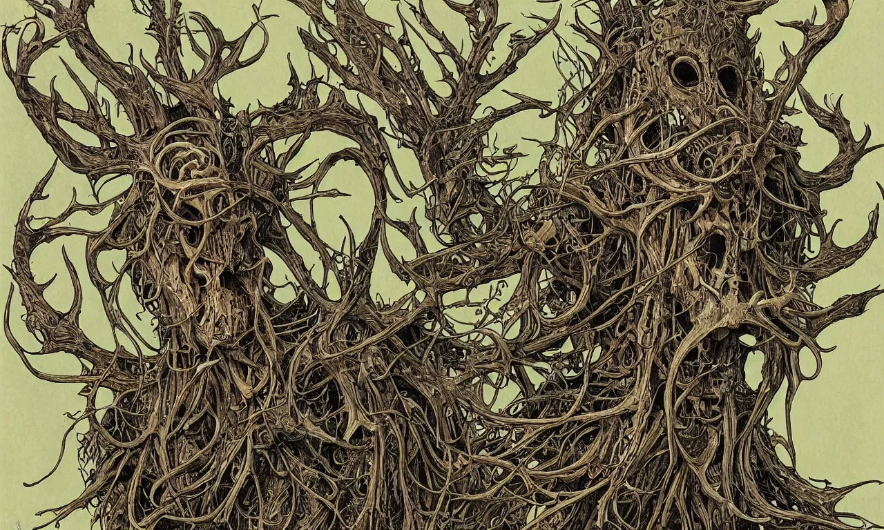 Image similar to hyperdetailed art nouveau portrait of treebeard as a cthulhu eyeball moose skull wendigo cryptid monster, by geof darrow, simon bisley and bill sienkiewicz, grim yet sparkling atmosphere, photorealism, claws, skeleton, antlers, fangs, forest, wild, bizarre, scary, lynn varley, lovern kindzierski, steve oliff