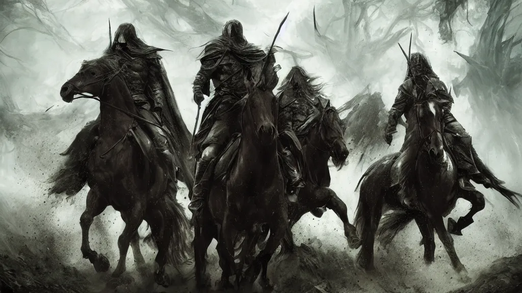 Image similar to dark riders on horse, forest, Nazgûl, lord of the rings digital art by Ruan Jia, Rudolf Béres, James Zapata, Jamey Jones