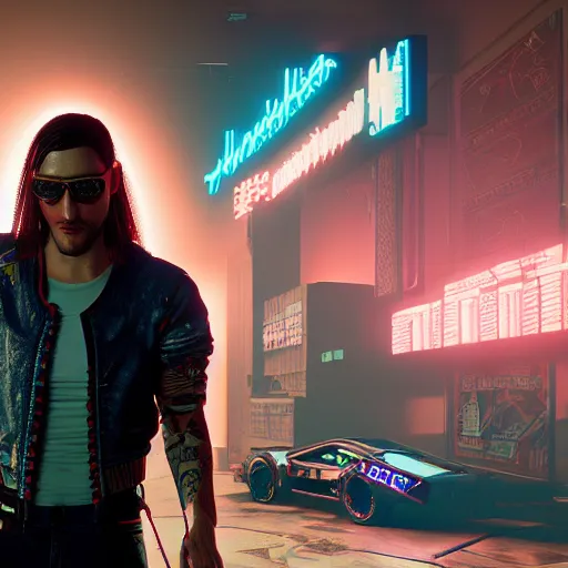 Image similar to John frusciante in Cyberpunk 2077 unreal engine 5 8k hyperdetailed photorealism