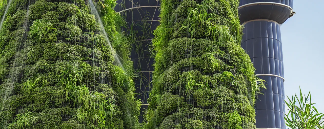 Image similar to torus shaped electrostatic water condensation collector tower, irrigation system in the background, vertical gardens, in the middle of the desert, XF IQ4, 150MP, 50mm, F1.4, ISO 200, 1/160s, natural light