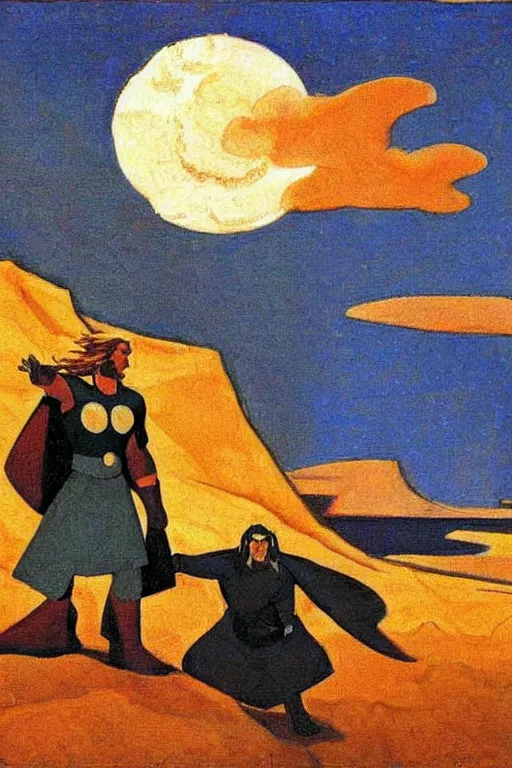 Image similar to thor, marvel, artwork by nicholas roerich,