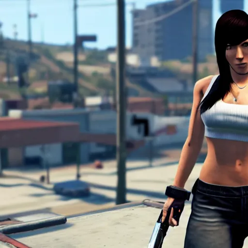 Prompt: Screenshot of Tifa Lockhart in the game GTA V, highly detailed