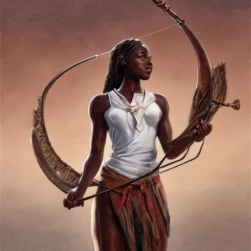 Image similar to artstation concept of a beautiful girl holding a bow and arrow, brown skin, sweaty skin, symmetrical face, casual white garment, white desert background, shiny colorful, hyperdetailed, artstation trending, world renowned artists, worth1000.com, cgsociety, by greg rutkowski, by Gustave Doré, Deviantart