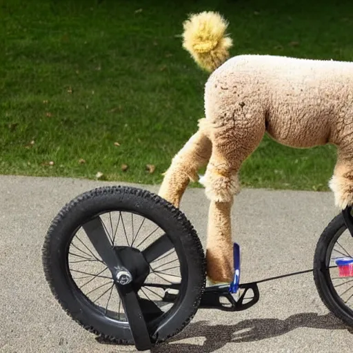 Image similar to a childrens drawing of an alpaca on an unicycle