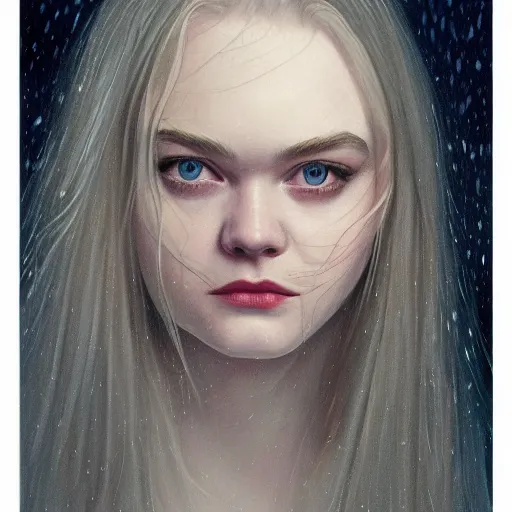 Prompt: professional painting of Elle Fanning in the style of Gerald Brom, head and shoulders portrait, symmetrical facial features, smooth, sharp focus, illustration, intricate, stormy weather, extremely detailed masterpiece,