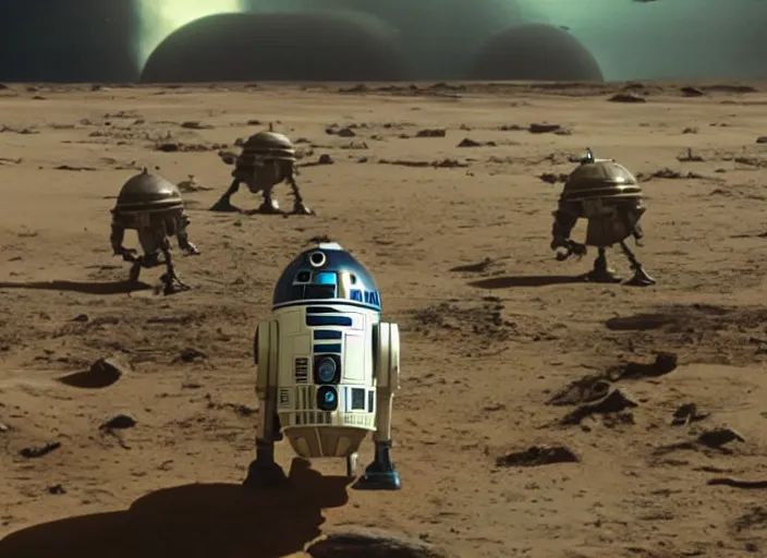 Image similar to screenshot of a wide shot of tropical planet Imperial Probe Droids from star wars, the 1970s film by Stanley Kubrick, attacking Han Solo, iconic scene, stunning cinematography, hyper-detailed, crisp, anamorphic lenses, kodak color film stock, 4k, stunning