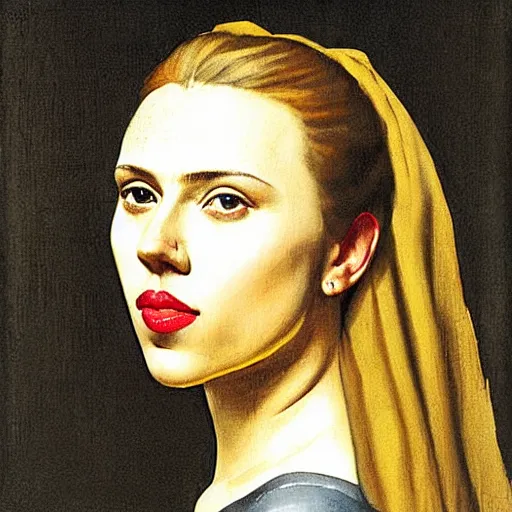 Image similar to A portrait of Scarlett Johansson painted by Johannes Vermeer