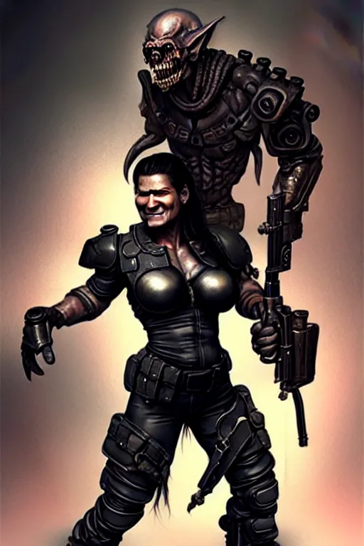 Image similar to gina carano as an ork with prothesis metallic left arm, casual black clothing, muscular, realistic proportions, casual pose, large portrait, sci - fi, shadowrun, rpg character, gun, digital painting, artstation, concept art, smooth, 8 k frostbite 3 engine, ultra detailed, art by artgerm and greg rutkowski and magali villeneuve