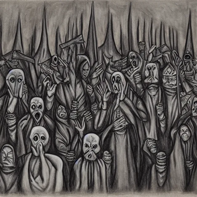 Image similar to several hooded disciples in purge masks, gathered in a brutalist courtyard, performing incantations over a fire in a barrel, by PJ Crook, oil on canvas