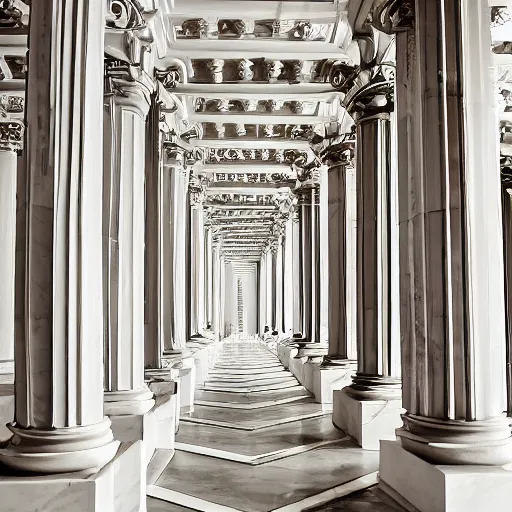 Image similar to interior of a white marble labyrinth in ornate renaissance style carving. symmetry columns, architectural photograph, sharp focus