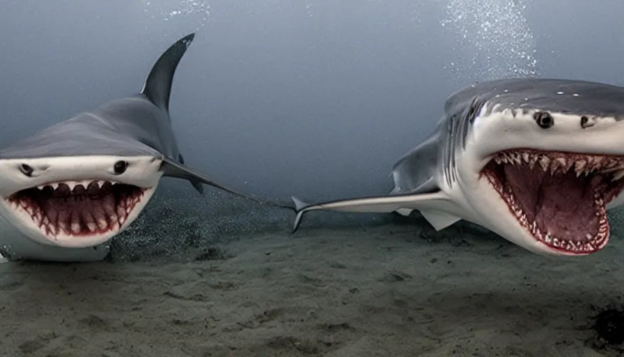 Image similar to big budget horror movie about a white pointer shark eating swimmers