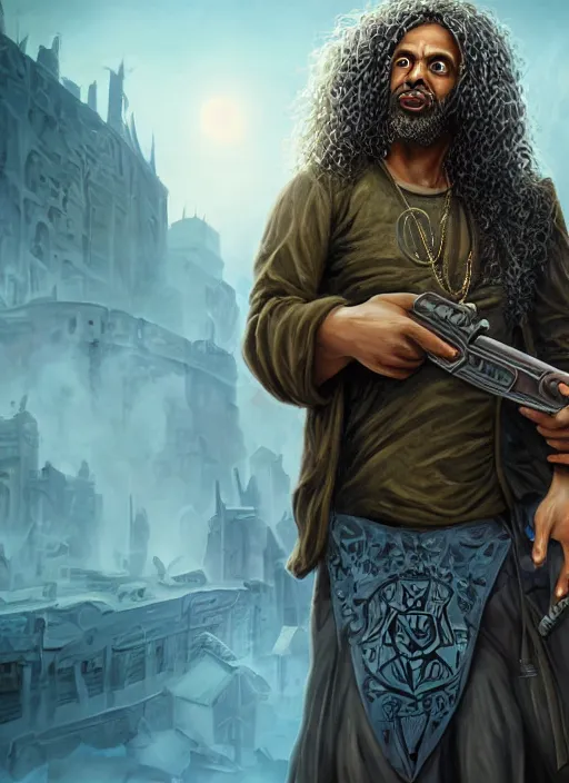 Prompt: portrait of a wizard holding a gun, the wizard has curly head and tattoos, the wizard holding a pistol points downwards, the wizard holding a pistol is only one and stands in a ruined city. by Ciryl Rolando, hyperrealistic illustration, digital art, studio lightning, very detailed faces