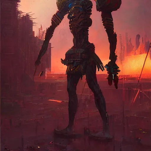 Image similar to a zulu cyberpunk warrior in a synthwave village by greg rutkowski and android jones, oil on canvas