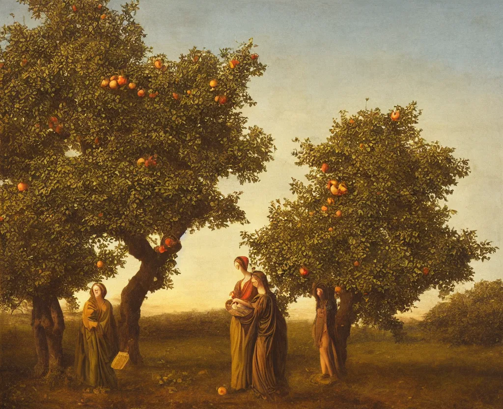 Prompt: Single apple tree in the center. Two women wearing fig leaves stand on both sides of a lonely apple tree, facing the camera, one holds apple in hand, classical painting, realism, golden hour