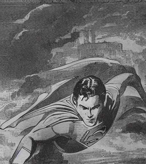 Prompt: Superman at a distance in New York, 1856 film photo, grainy, high detail, high resolution