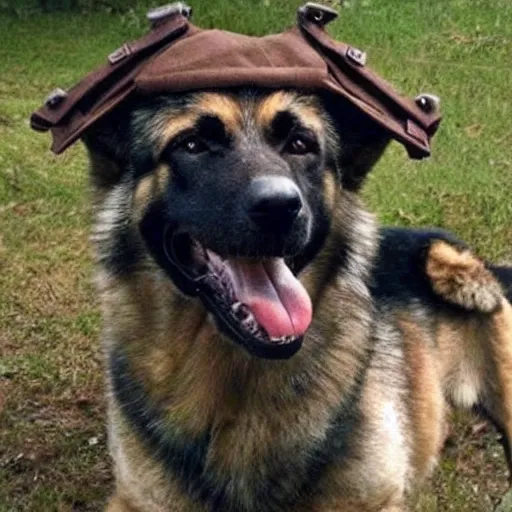 Prompt: german shepard wearing world war 2 gear, ready for battle