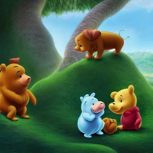 Prompt: Winnie the poo playing with piglet and owl 4k extremely detailed surrealism