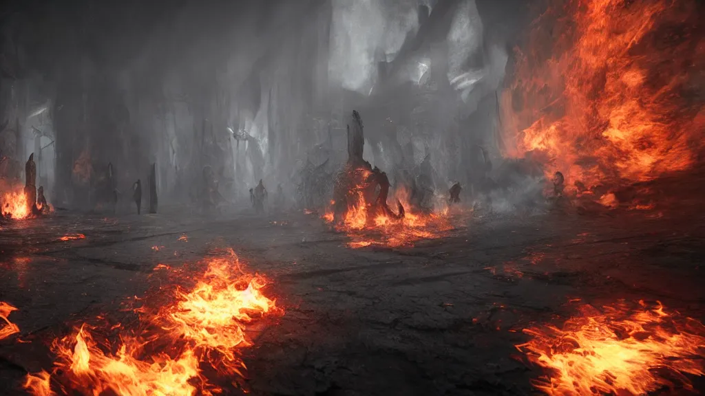 Prompt: underworld and inferno comes alive photorealistic, fire, particles, concept art, 8K, concept art, DSLR, filmic, HDR, Unreal Engine, volumetric lighting, Dark art
