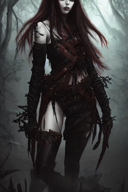 Image similar to dramatic atmospheric dark forest scenery, girl with vampire-fangs in hide leather armor, hyperdetailed, artstation, cgsociety, 8k