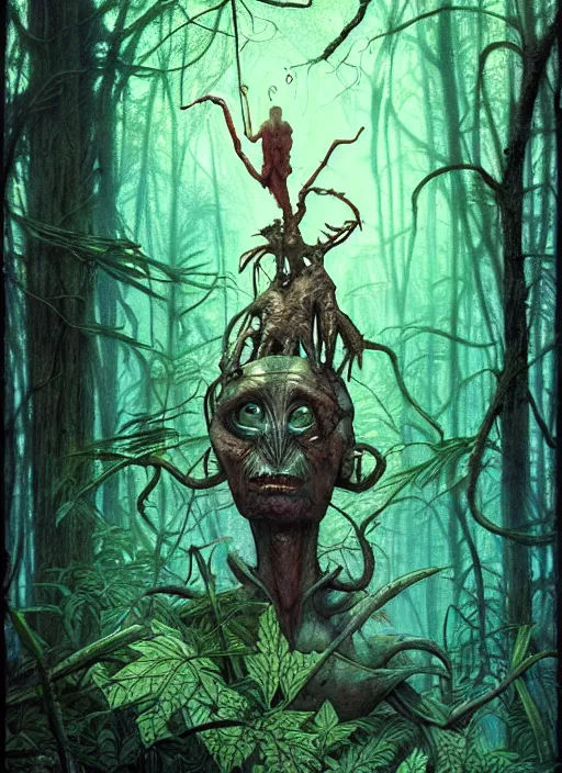 Image similar to hyper realistic magic alien in the woods in a river gorgeous lighting, lush forest foliage blue sky a hyper realistic ink drawing by chiara bautista and beksinski and norman rockwell and greg rutkowski, tom bagshaw weta studio, and lucasfilm